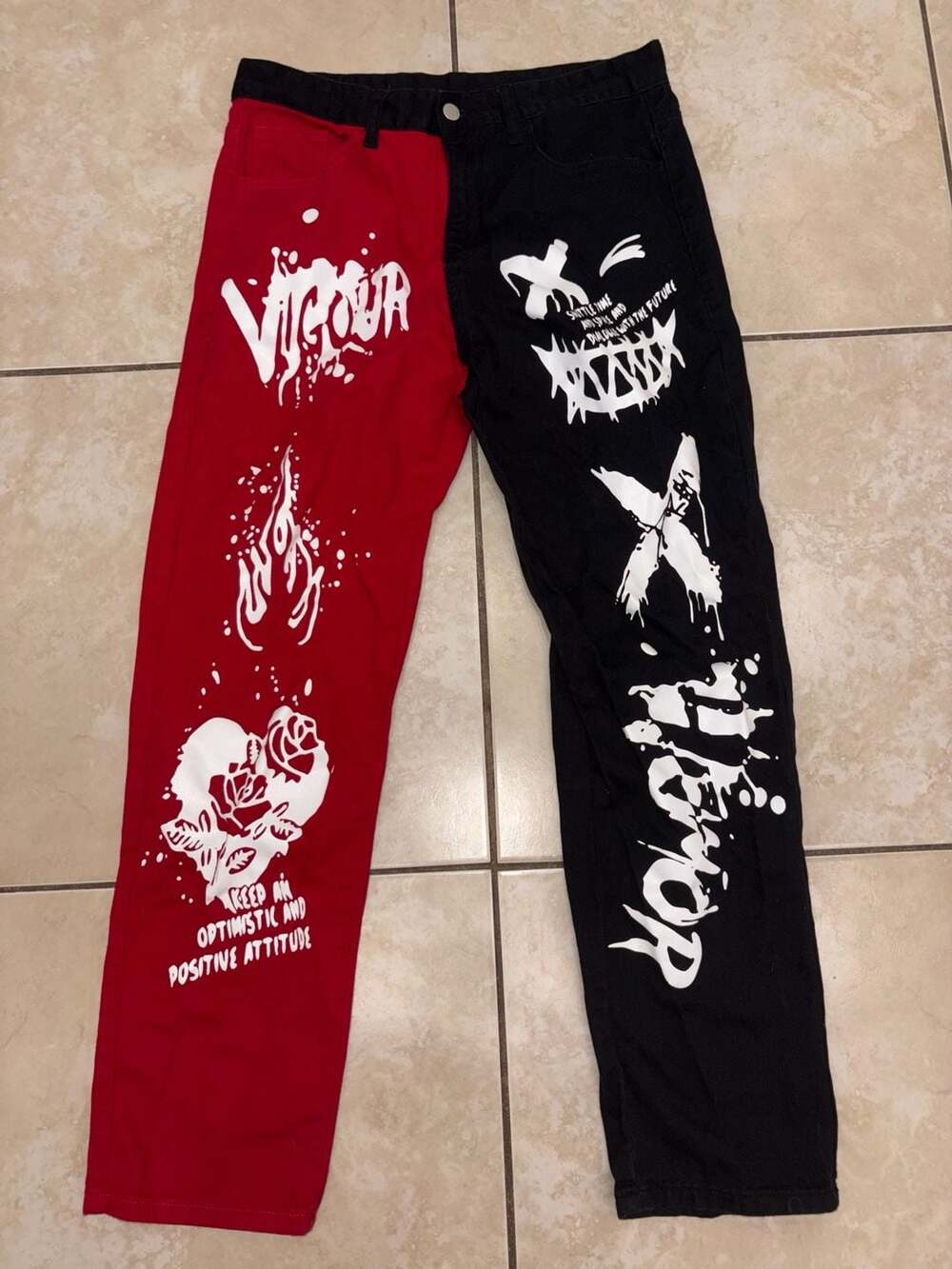 SHEIN Graphic Jeans Mens 32 Red Black Split Color Streetwear Punk Y2K Pants